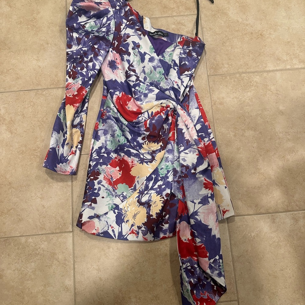 Lavish Alice Floral One Shoulder Asymmetrical Satin Mini Dress